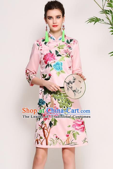 Chinese National Costume Tang Suit Pink Silk Qipao Dress Traditional Embroidered Peony Cheongsam for Women