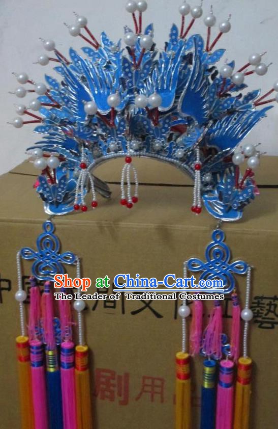 Traditional Chinese Beijing Opera Hair Accessories Princess Blue Phoenix Coronet Peking Opera Actress Headwear