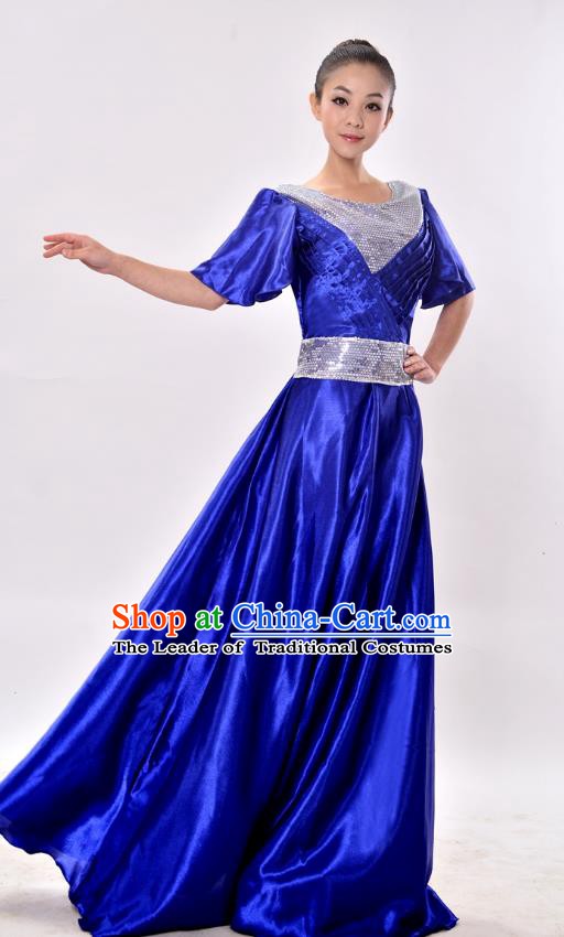 Traditional Chinese Modern Dance Chorus Costume, Women Opening Dance Blue Dress for Women