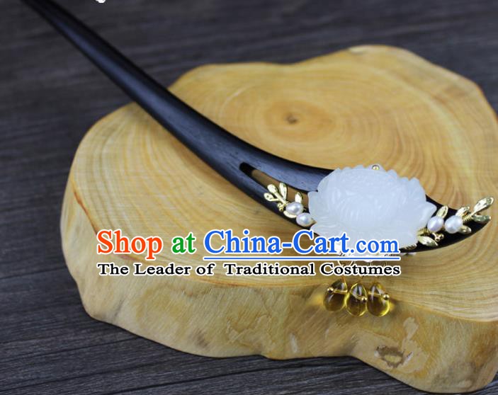 Chinese Ancient Handmade Hair Accessories Ebony Hairpin Hair Fascinators Jade Lotus Hairpins for Women