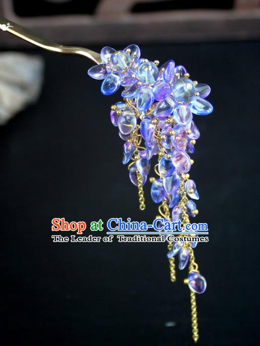 Chinese Ancient Handmade Hair Accessories Classical Hairpins Purple Crystal Tassel Hair Clips for Women