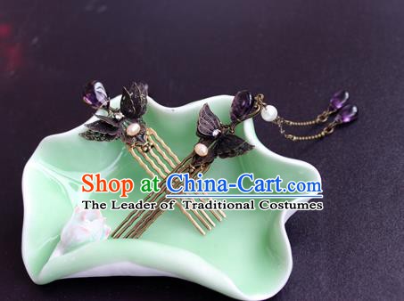 Chinese Ancient Handmade Hair Accessories Classical Purple Crystal Tassel Hairpins Butterfly Hair Comb for Women