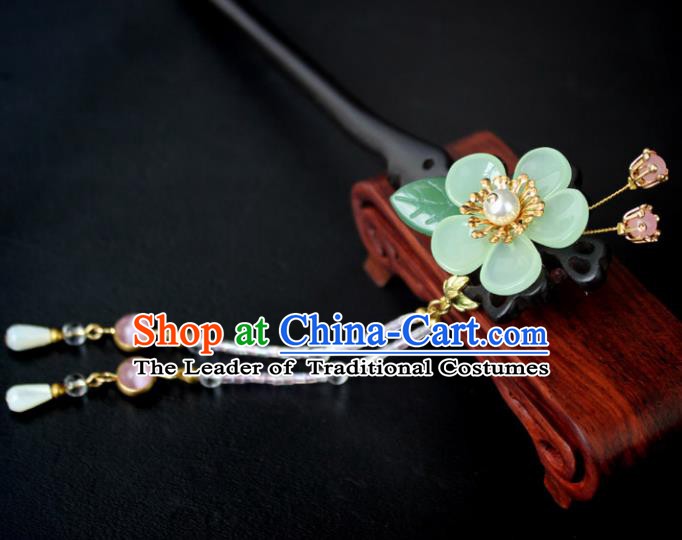 Chinese Ancient Handmade Hair Accessories Classical Ebony Hairpins Hanfu Green Flowers Hair Clips for Women