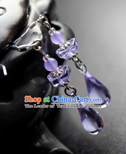 Chinese Ancient Handmade Accessories Earrings Purple Crystal Eardrop for Women