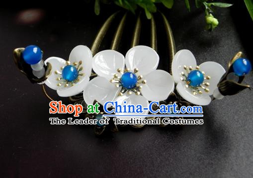 Chinese Ancient Handmade Hair Accessories Hairpins Classical Hanfu Blue Beads Flowers Hair Comb for Women