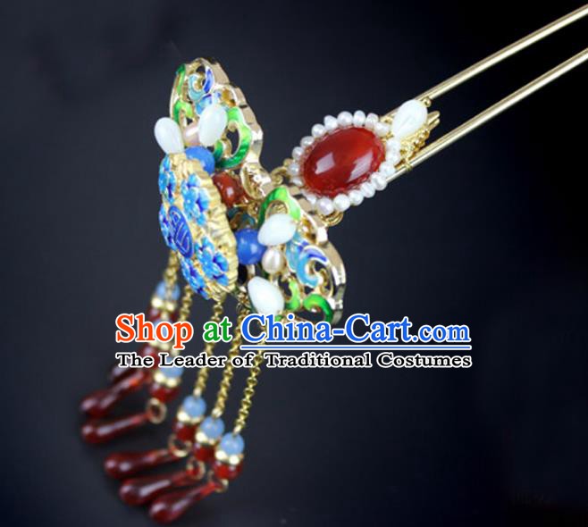 Chinese Ancient Handmade Hair Accessories Wedding Tassel Hair Clip Classical Hanfu Blueing Hairpins for Women