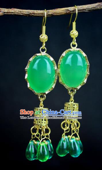 Chinese Ancient Handmade Accessories Green Agate Earrings Crystal Hanfu Eardrop for Women