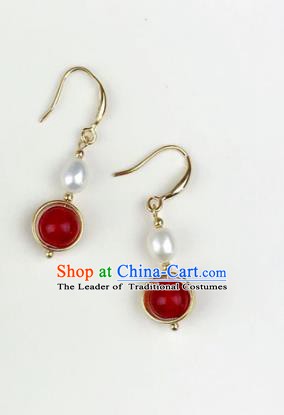 Chinese Ancient Handmade Accessories Eardrop Pearl Red Earrings for Women