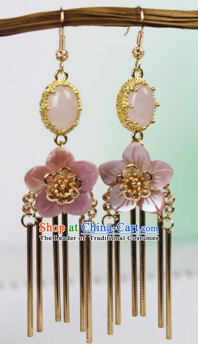 Chinese Ancient Handmade Accessories Agate Earrings Pink Flowers Eardrop for Women