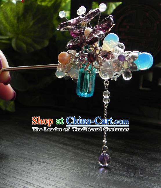 Chinese Handmade Ancient Purple Crystal Hair Clip Hair Accessories Classical Hanfu Tassel Hairpins for Women