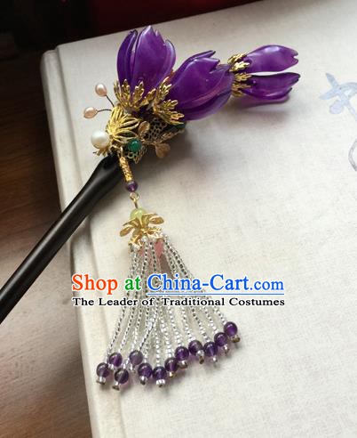 Chinese Handmade Ancient Hair Accessories Classical Hanfu Purple Mangnolia Hairpins for Women