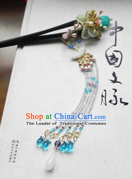 Chinese Ancient Hanfu Handmade Blue Beads Tassel Hairpins Hair Accessories Ebony Hair Clip for Women