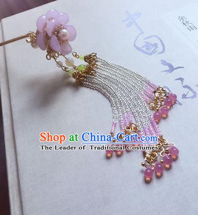 Chinese Ancient Hanfu Handmade Pink Beads Tassel Hairpins Hair Accessories Hair Clip for Women