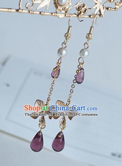 Chinese Handmade Ancient Jewelry Accessories Eardrop Hanfu Purple Beads Long Tassel Earrings for Women