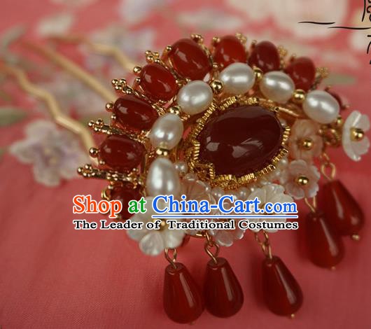 Chinese Ancient Handmade Tassel Step Shake Hanfu Red Crystal Hairpins Hair Accessories for Women