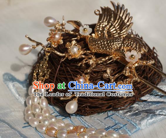 Chinese Ancient Handmade Hanfu Crane Hairpins Hair Accessories Pearls Tassel Step Shake for Women
