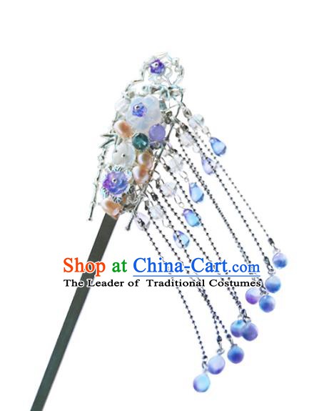 Chinese Ancient Hanfu Handmade Hairpins Blue Beads Tassel Hair Clip Hair Accessories for Women