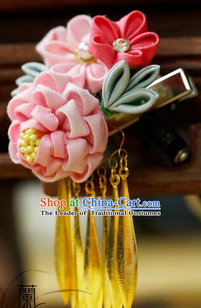 Traditional Asian Japan Hair Accessories Pink Flowers Tassel Hairpins Japanese Fashion Apparel Kimono Headwear for Women