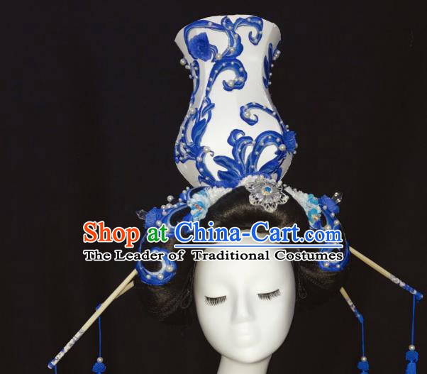 Top Grade China Style Handmade Hair Accessories Halloween Stage Performance Blue and White Porcelain Headwear for Women