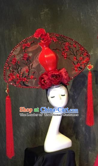 Top Grade China Ancient Hair Accessories Red Plum Blossom Palace Hair Crown Stage Performance Headdress for Women