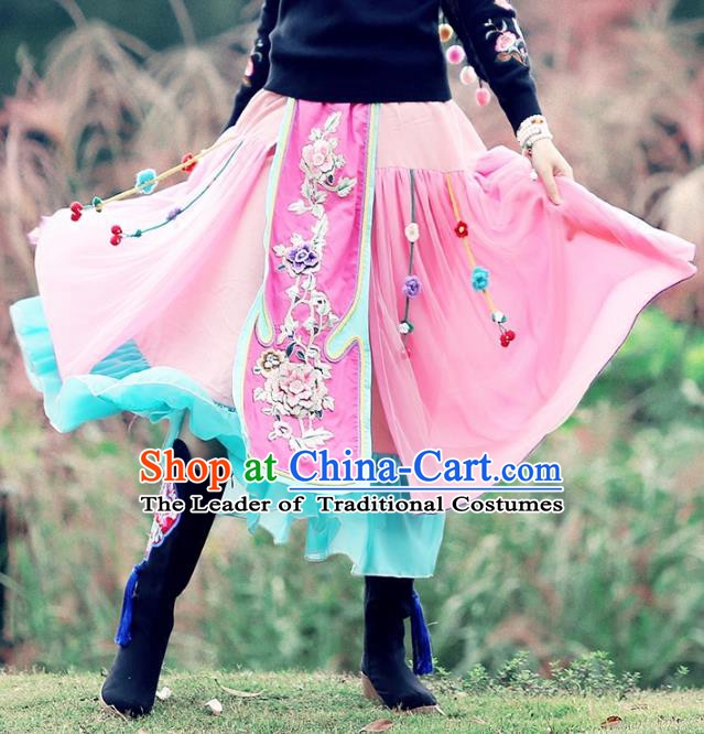 Traditional China National Costume Pink Bust Skirt Chinese Tang Suit Embroidered Dress for Women