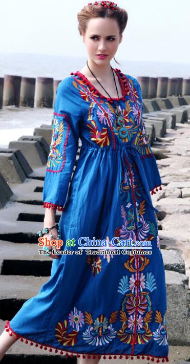 Traditional China National Costume Tang Suit Blue Dress Chinese Embroidered Dresses for Women
