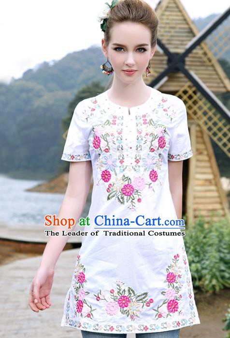 Traditional China National Costume Chinese Tang Suit Embroidered White Blouse for Women