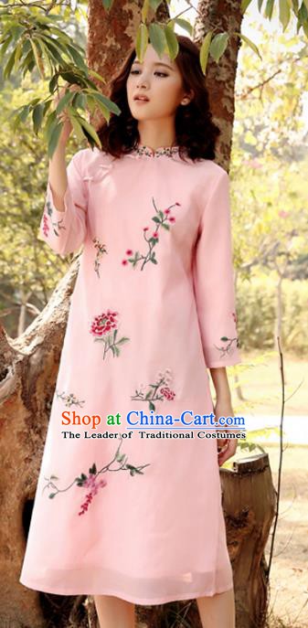 Traditional China National Costume Tang Suit Qipao Dress Chinese Embroidered Pink Cheongsam for Women