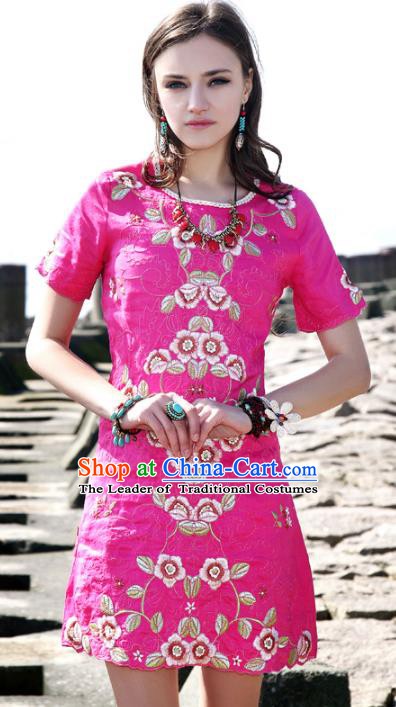 Traditional China National Costume Rosy Dress Chinese Embroidered Qipao for Women