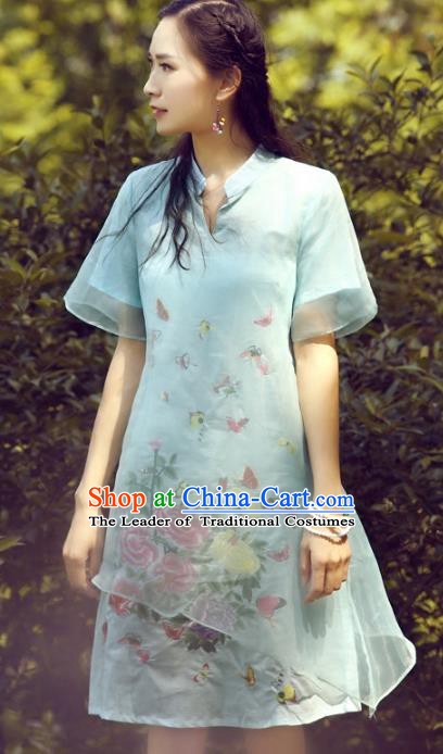 Traditional China National Costume Printing Peony Butterfly Cheongsam Dress Chinese Tang Suit Qipao for Women