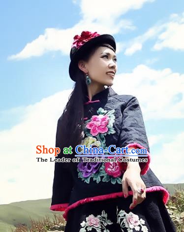 Traditional China National Black Cheongsam Shirts Costume Chinese Tang Suit Embroidered Blouse for Women