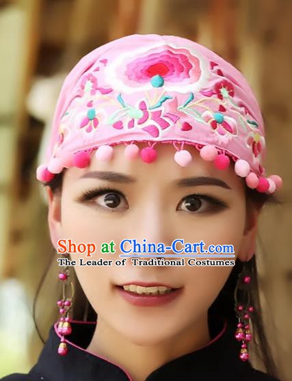 Traditional China National Hair Accessories Chinese Embroidered Pink Hats Kerchief for Women