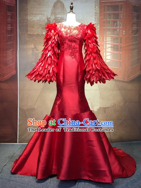 Top Grade Stage Performance Costume Modern Dance Cheongsam Catwalks Red Feather Full Dress for Women