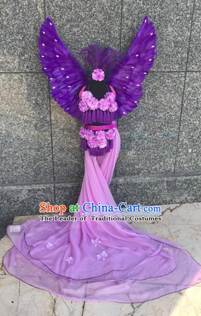 Top Grade Children Stage Performance Costume Modern Dance Purple Mullet Dress Catwalks Swimsuit Feather Wings for Kids