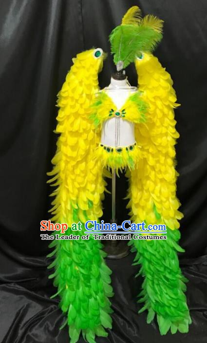 Top Grade Catwalks Yellow Feather Wings Costume Brazilian Carnival Samba Dance Bikini Clothing and Headdress for Kids