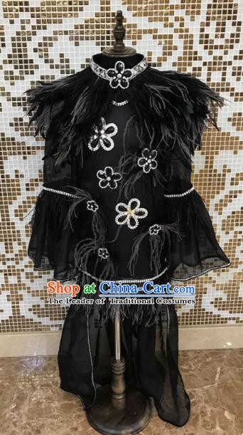 Top Grade Children Stage Performance Costume Catwalks Black Feather Bikini Dress for Kids