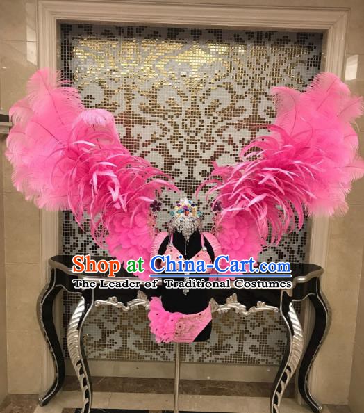 Top Grade Children Stage Performance Costume Catwalks Pink Bikini and Feather Wings for Kids