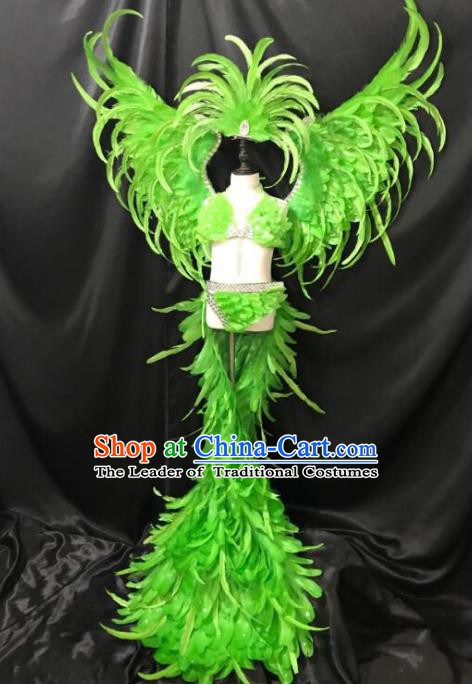 Top Grade Children Stage Performance Costume Catwalks Green Feather Bikini Dress with Wings for Kids