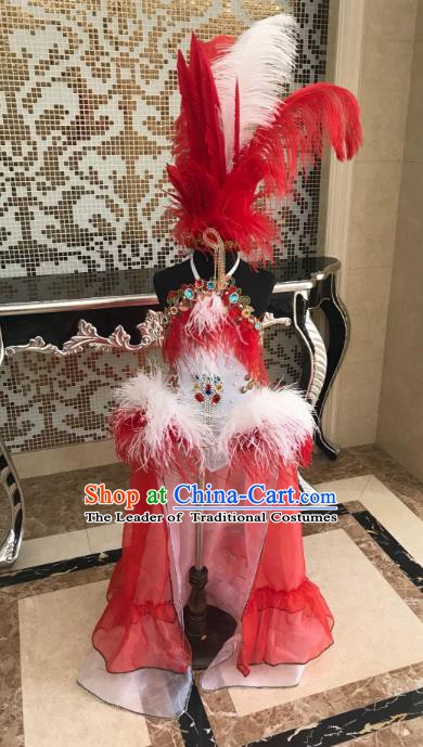 Top Grade Children Stage Performance Costume Catwalks Bikini Dress and Red Feather Headdress for Kids