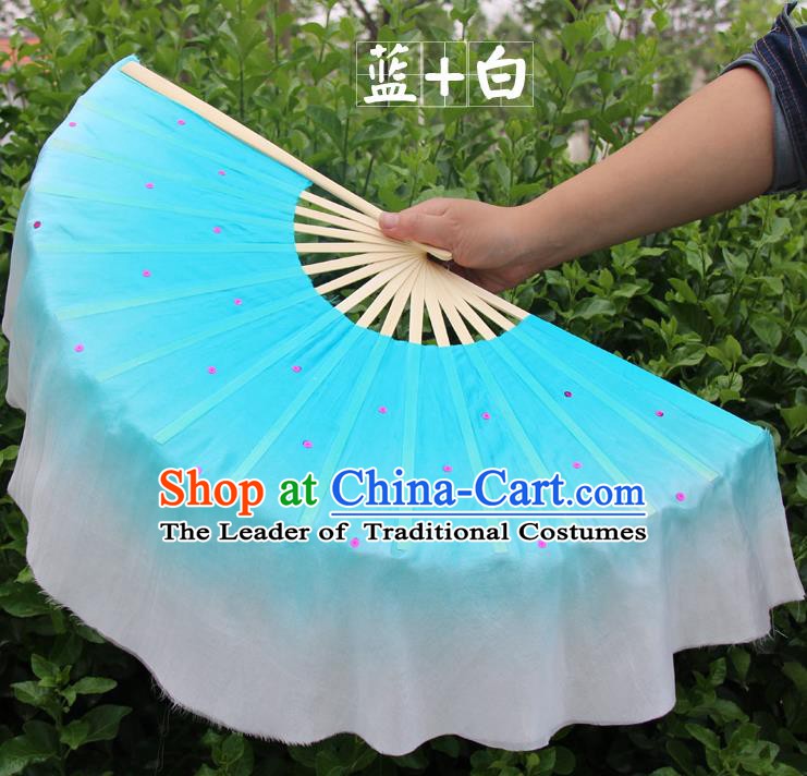 Top Grade Chinese Folk Dance Folding Fans Dance Fans Yangko Blue and White Silk Fans for Women