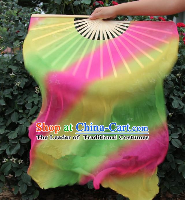 Chinese Handmade Folk Dance Folding Fans Yangko Dance Gradient Silk Ribbon Fan for Women