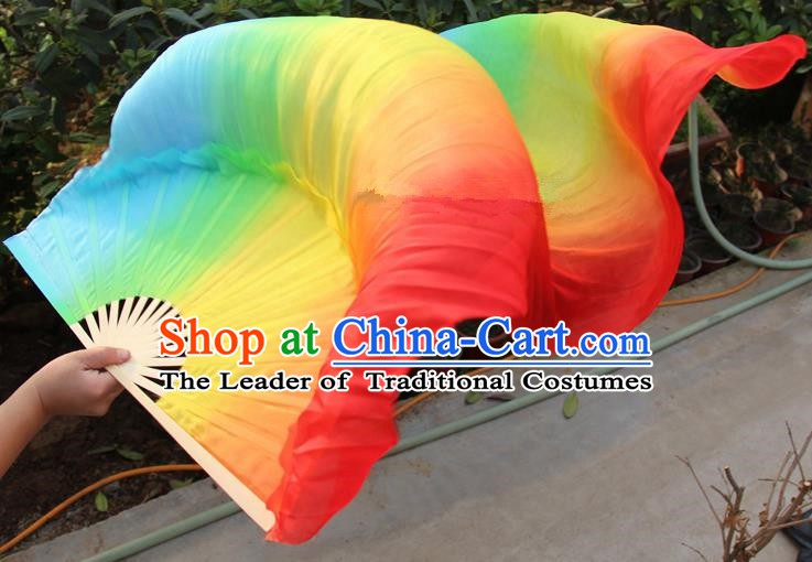 Chinese Handmade Folk Dance Folding Fans Yangko Dance Colorful Silk Ribbon Fan for Women