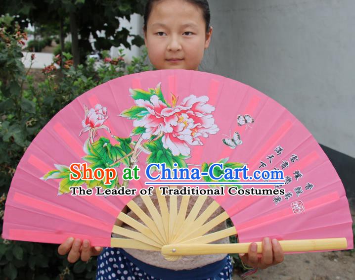 Chinese Handmade Folk Dance Folding Fans Yangko Dance Printing Peony Tai Chi Pink Fan for Women