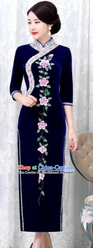 Chinese Traditional Elegant Blue Velvet Cheongsam Embroidery Qipao Dress National Costume for Women