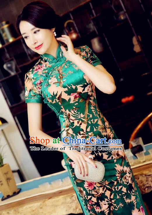 Chinese Traditional Elegant Green Pleuche Cheongsam National Costume Qipao Dress for Women
