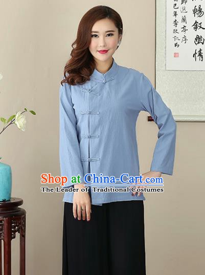 Chinese Traditional National Costume Blue Linen Blouse Tang Suit Qipao Short Shirts for Women