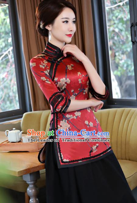 Chinese Traditional Elegant Cheongsam Red Silk Blouse National Costume Tang Suit Qipao Shirts for Women