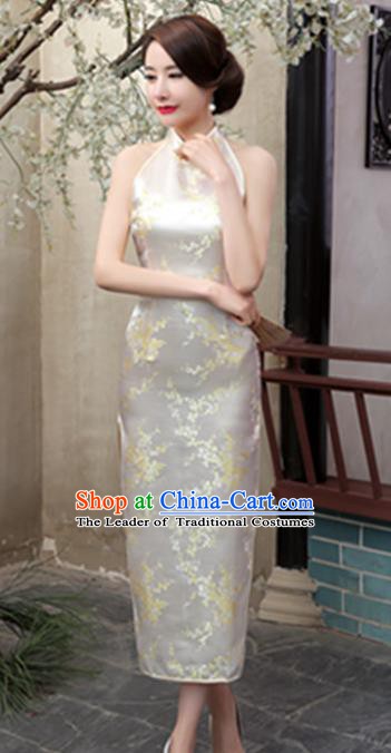 Top Grade Chinese National Costume Elegant Plum Blossom Brocade Cheongsam Tang Suit Beige Qipao Dress for Women