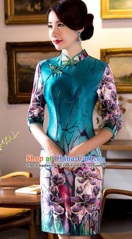 Top Grade Chinese National Costume Elegant Slim Cheongsam Tang Suit Printing Green Qipao Dress for Women