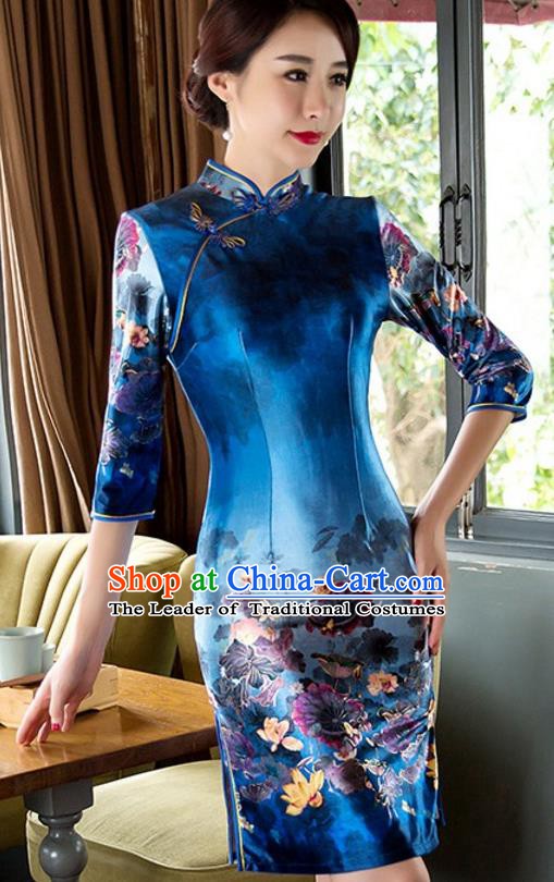 Top Grade Chinese National Costume Elegant Slim Cheongsam Tang Suit Printing Blue Qipao Dress for Women